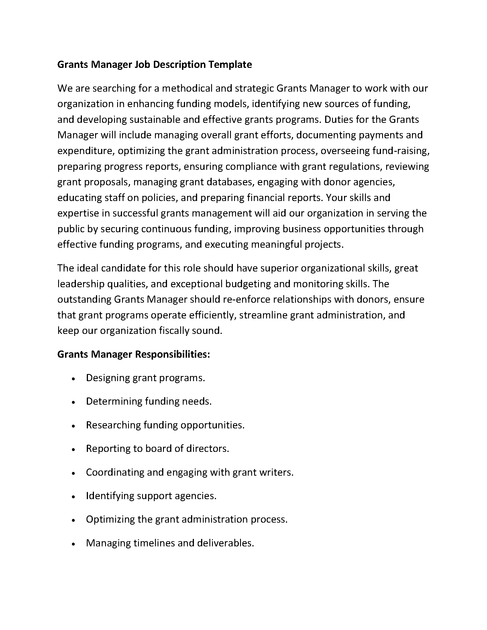 Grants Manager Job Description Template